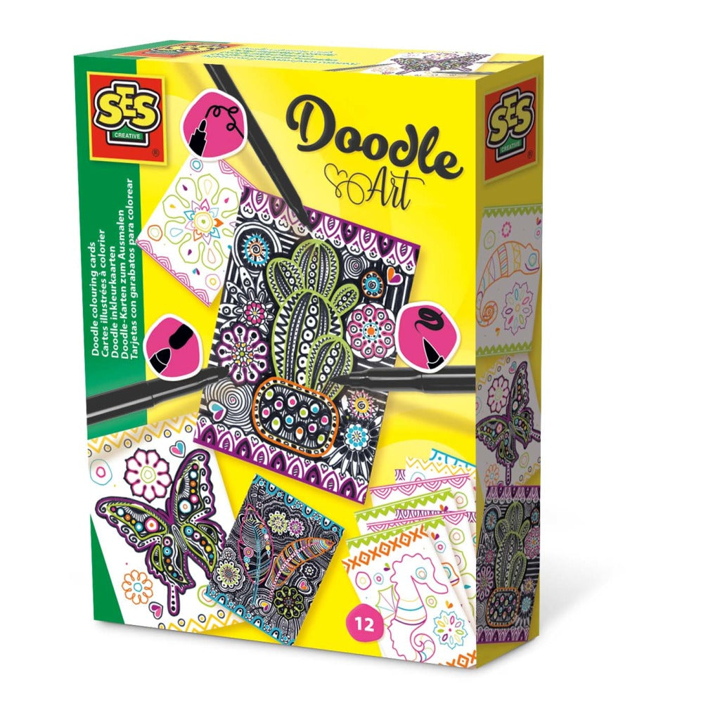 SES Creative Ses Doodle Art Color Cards 12 Stücke + 3 schwarze Markierungen