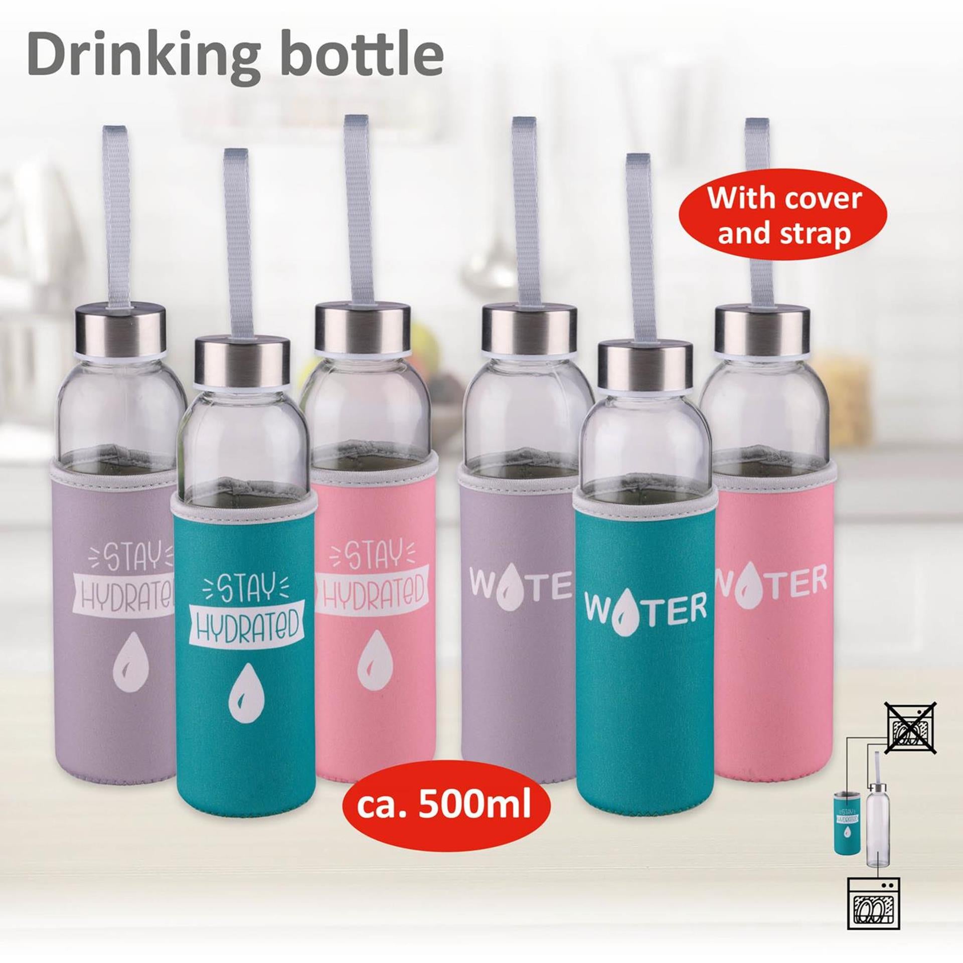 Alpina Trinkflasche Glas 500ml + schlichter Deckel