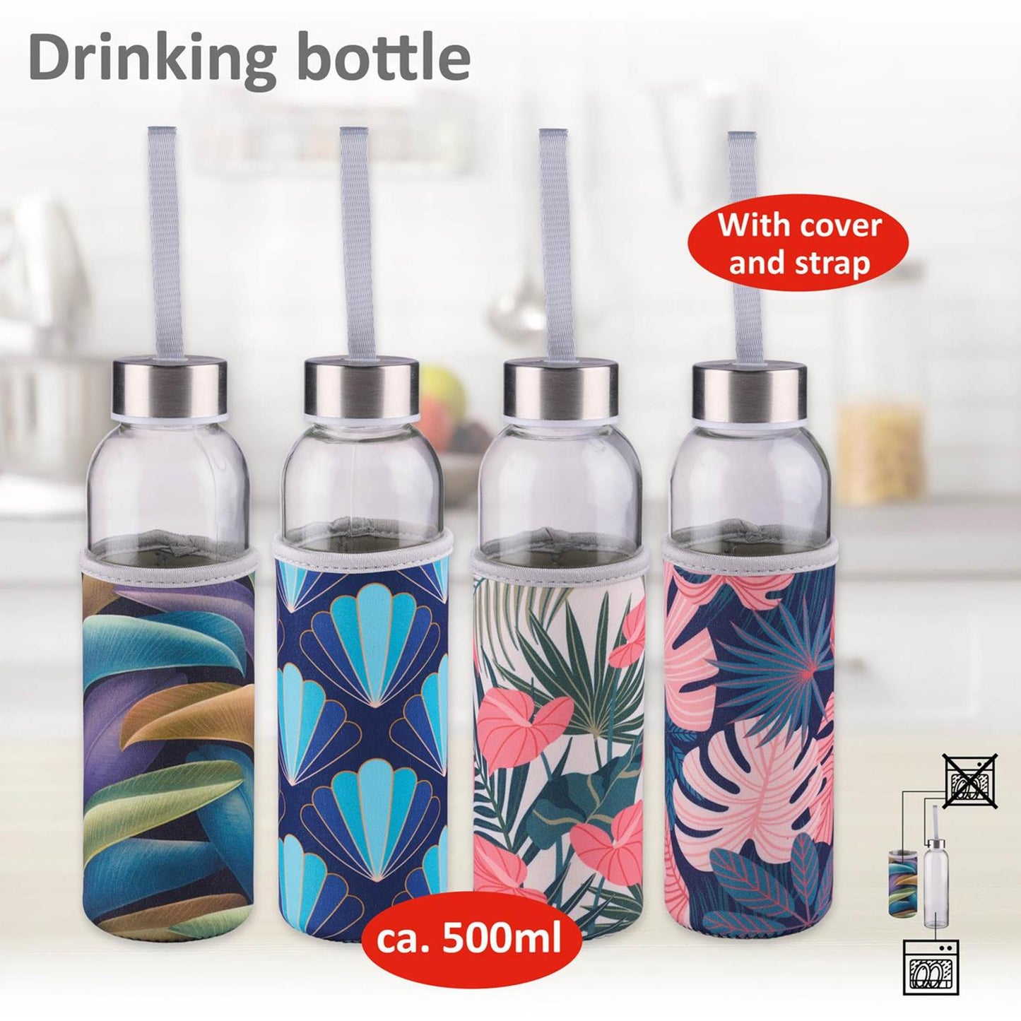 Alpina Trinkflasche Glas 500ml + Deckel