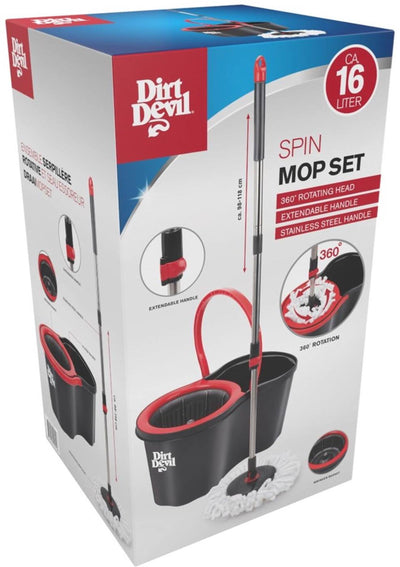 Dirt Devil Wischmopp-Set, Schleudermopp-Set – 360 Grad drehbarer Wischmopp – ausziehbare Stange – Edelstahlgriff – Eimer mit Auswringkorb – 16 Liter – Schwarz Rot