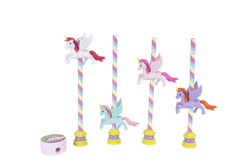 Einhornstifte mit Radiergummi und Bleistiftspitzer
