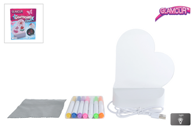 Glamour-Leuchttafel-Herz mit USB-Anschluss und 7 Markern, 16 cm