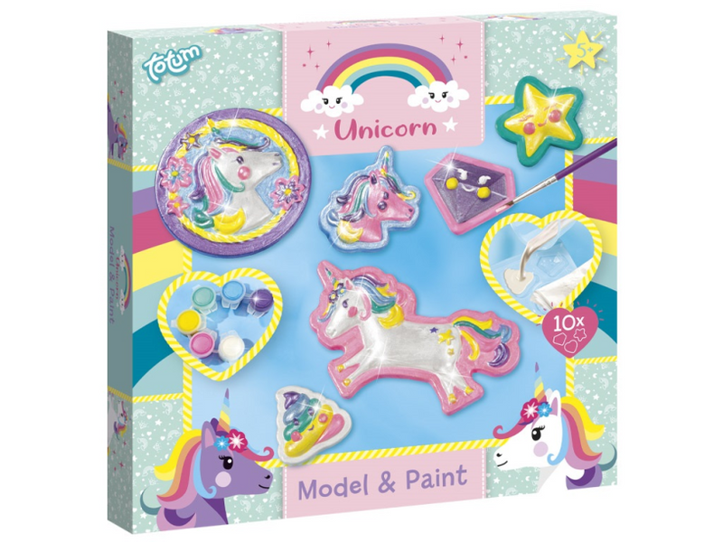 Totum Einhorn Gipsfiguren gießen und bemalen – Bastelset 10 Figuren – Kreativspielzeug ab 5 Jahren inklusive Farbe Regenbogenfarben
