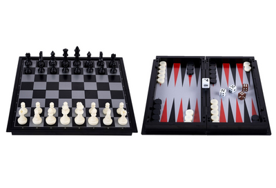 Engelhart Reisespiel Schach Backgammon 24 cm – magnetisch faltbar – inklusive Staufach – König 50 mm –