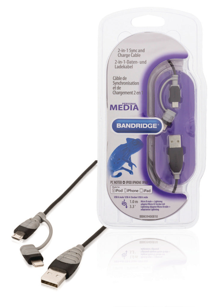 Bandridge Bandridge BBM39400B10 2-in-1-Daten und Ladungskabel USB Micro-B Männlich + LightningAdapter A männlich 1,00 m Schwarz