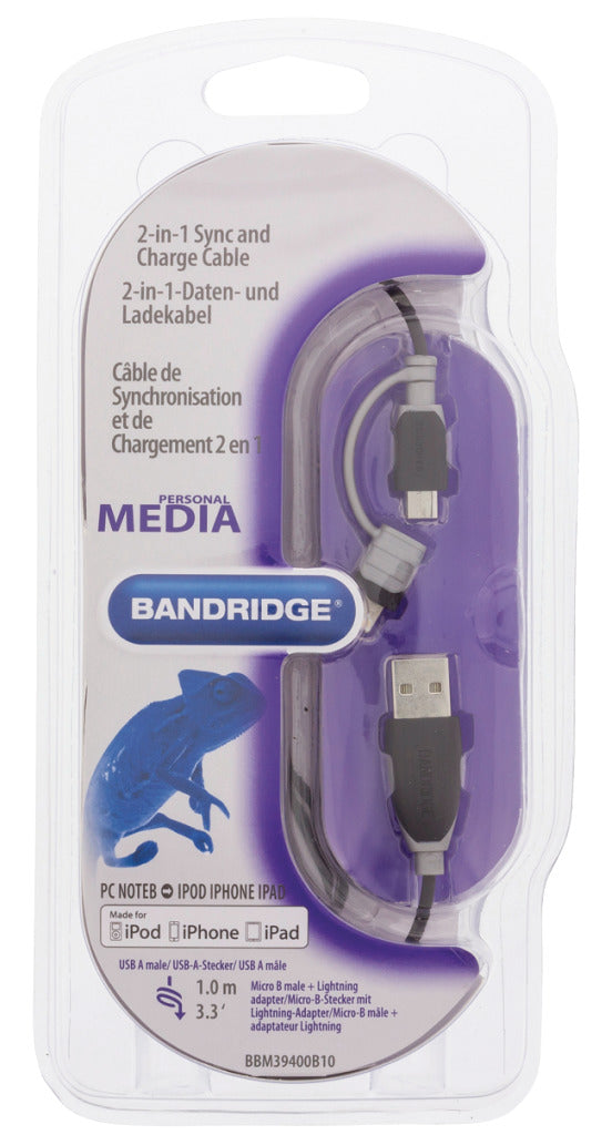 Bandridge Bandridge BBM39400B10 2-in-1-Daten und Ladungskabel USB Micro-B Männlich + LightningAdapter A männlich 1,00 m Schwarz