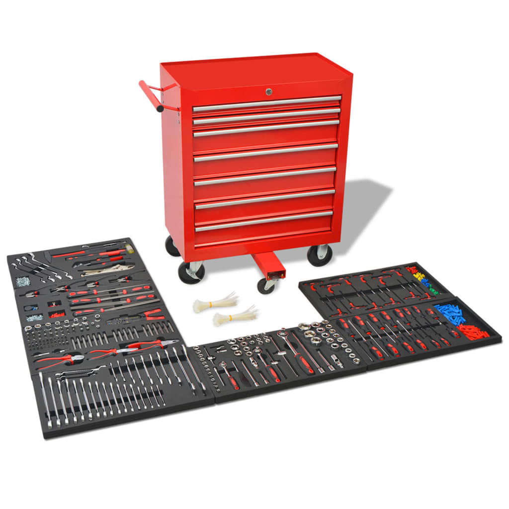 Vidaxl -Werkzeugwagen mit 1125 Werkzeugen Stahlrot