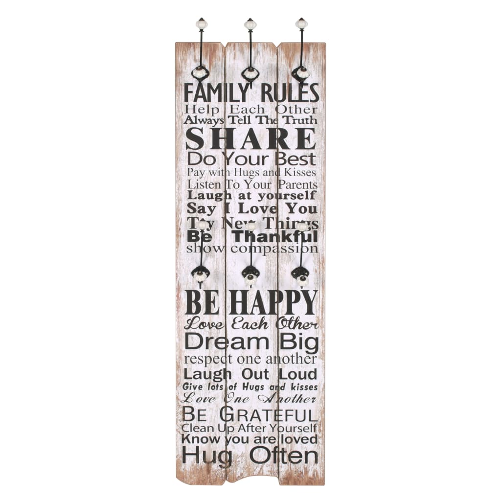 VIDAXL -Wandbedeckungsregal mit 6 Haken Familienregeln 120 x 40 cm