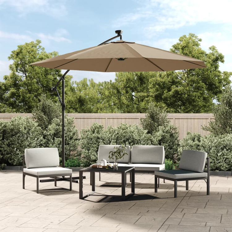 Vidaxl -schwimmender Parasol mit LED -Beleuchtungsstahlstahl 300 cm Taupe