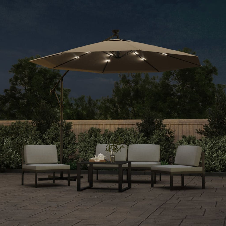 Vidaxl -schwimmender Parasol mit LED -Beleuchtungsstahlstahl 300 cm Taupe