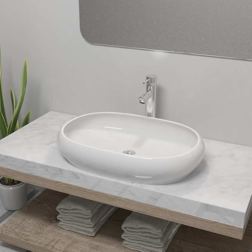 Vidaxl Badezimmer Waschbecken mit Mischungshahn ovaler Keramik Weiß