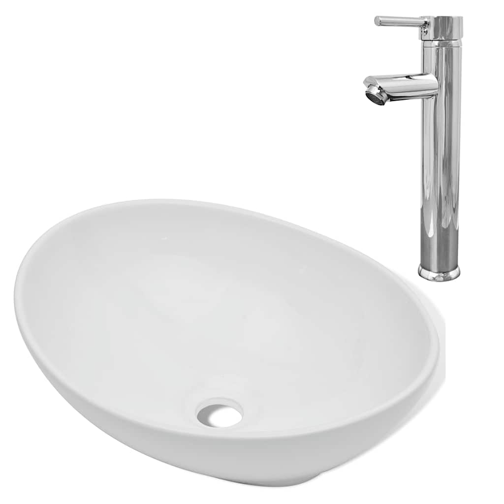 Vidaxl Badezimmer Waschbecken mit Mischungshahn ovaler Keramik Weiß