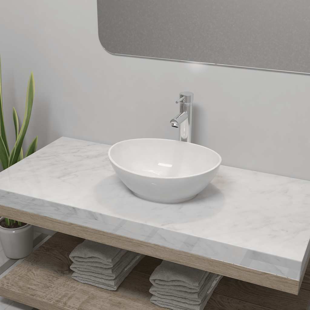 Vidaxl Badezimmer Waschbecken mit Mischungshahn ovaler Keramik Weiß