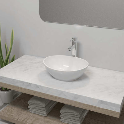 Vidaxl Badezimmer Waschbecken mit Mischungshahn ovaler Keramik Weiß