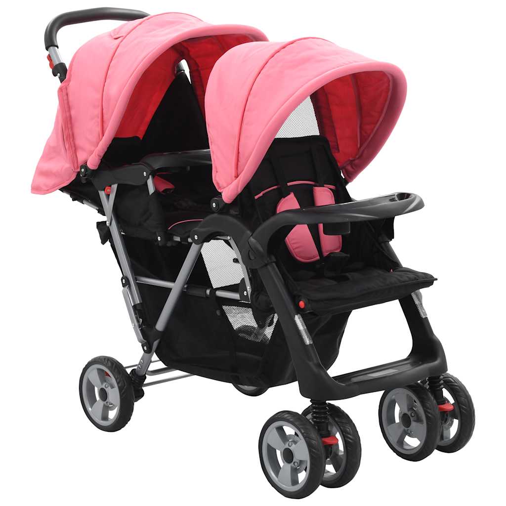 Vidaxl Pram Doppelstahlrosa und schwarz