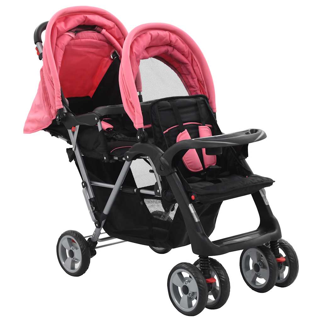 Vidaxl Pram Doppelstahlrosa und schwarz