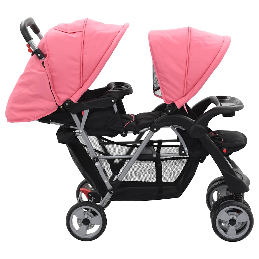 Vidaxl Pram Doppelstahlrosa und schwarz