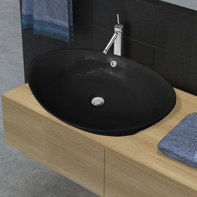 Vidaxl -Waschbecken mit Landung schwarzer ovaler Keramik 59 x 38,5 cm
