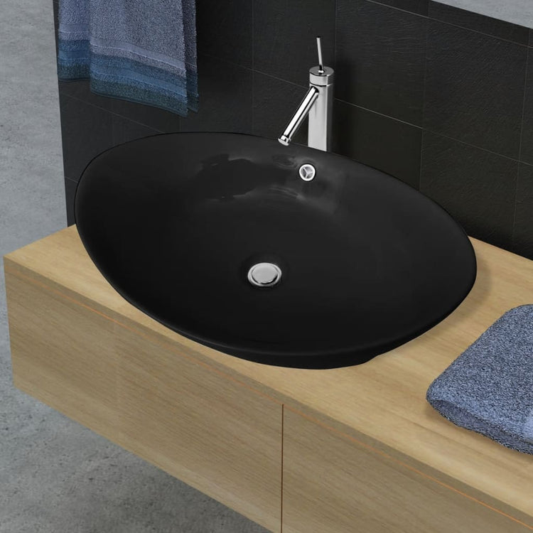 Vidaxl -Waschbecken mit Landung schwarzer ovaler Keramik 59 x 38,5 cm