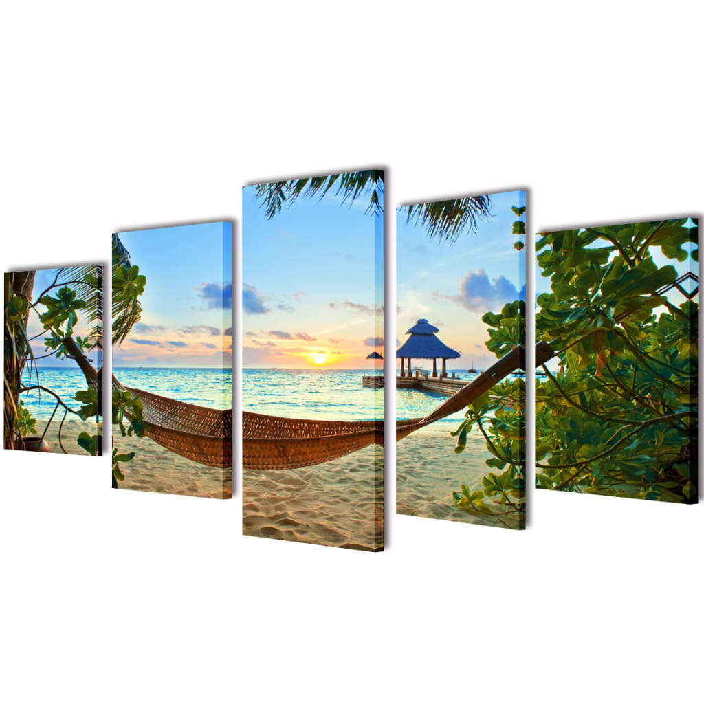 VidaXL Leinwand-Wanddruck-Set Sandstrand mit Hängematte 100 x 50 cm