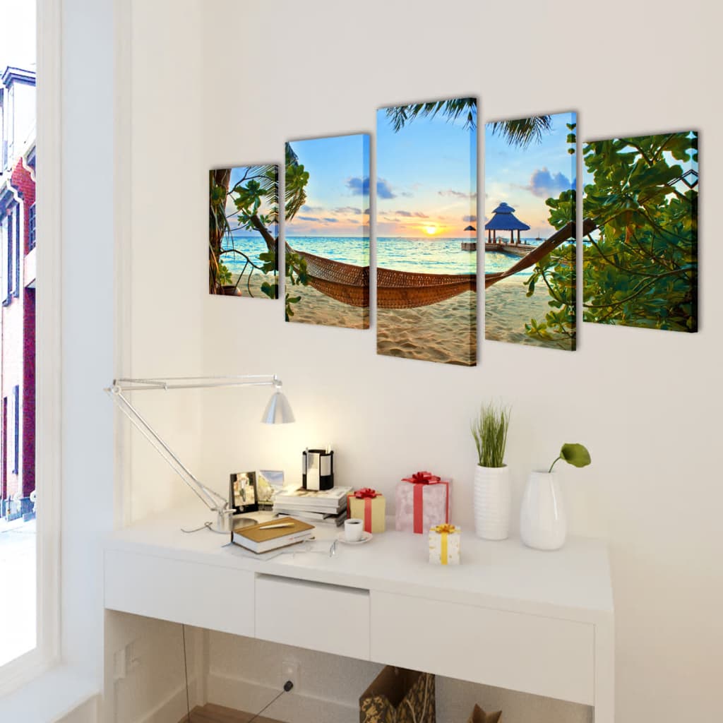 VidaXL Leinwand-Wanddruck-Set Sandstrand mit Hängematte 100 x 50 cm