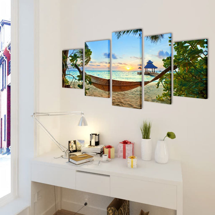 VidaXL Leinwand-Wanddruck-Set Sandstrand mit Hängematte 100 x 50 cm