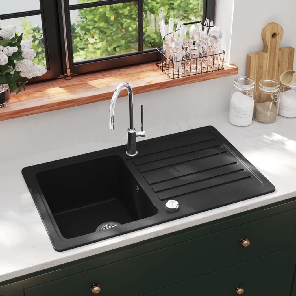 Vidaxl -Waschbecken Granit Einerkörper mit Abfluss reversibler Schwarz