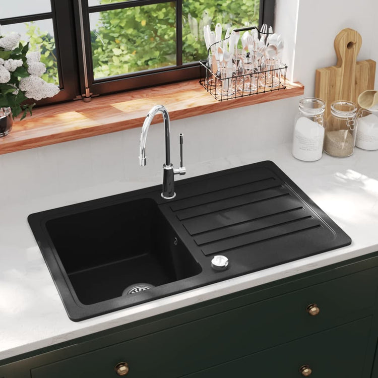 Vidaxl -Waschbecken Granit Einerkörper mit Abfluss reversibler Schwarz
