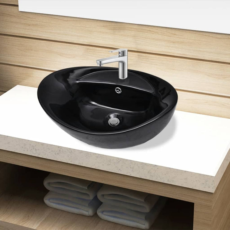Vidaxl -Waschbecken mit Überlauf, Keramik, Oval, Schwarz