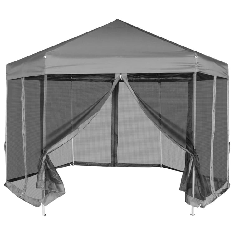 Vidaxl Partytent Pop-up Hexagonal mit 6 Seitenwänden 3.6x3,1 m Grau