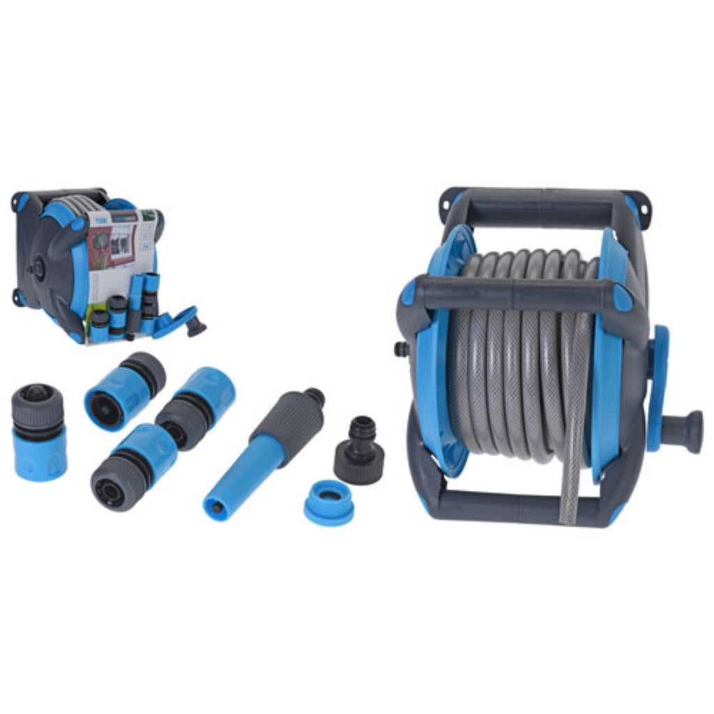 Profi Gartengartenschlauch mit Halter 15 m blau grau