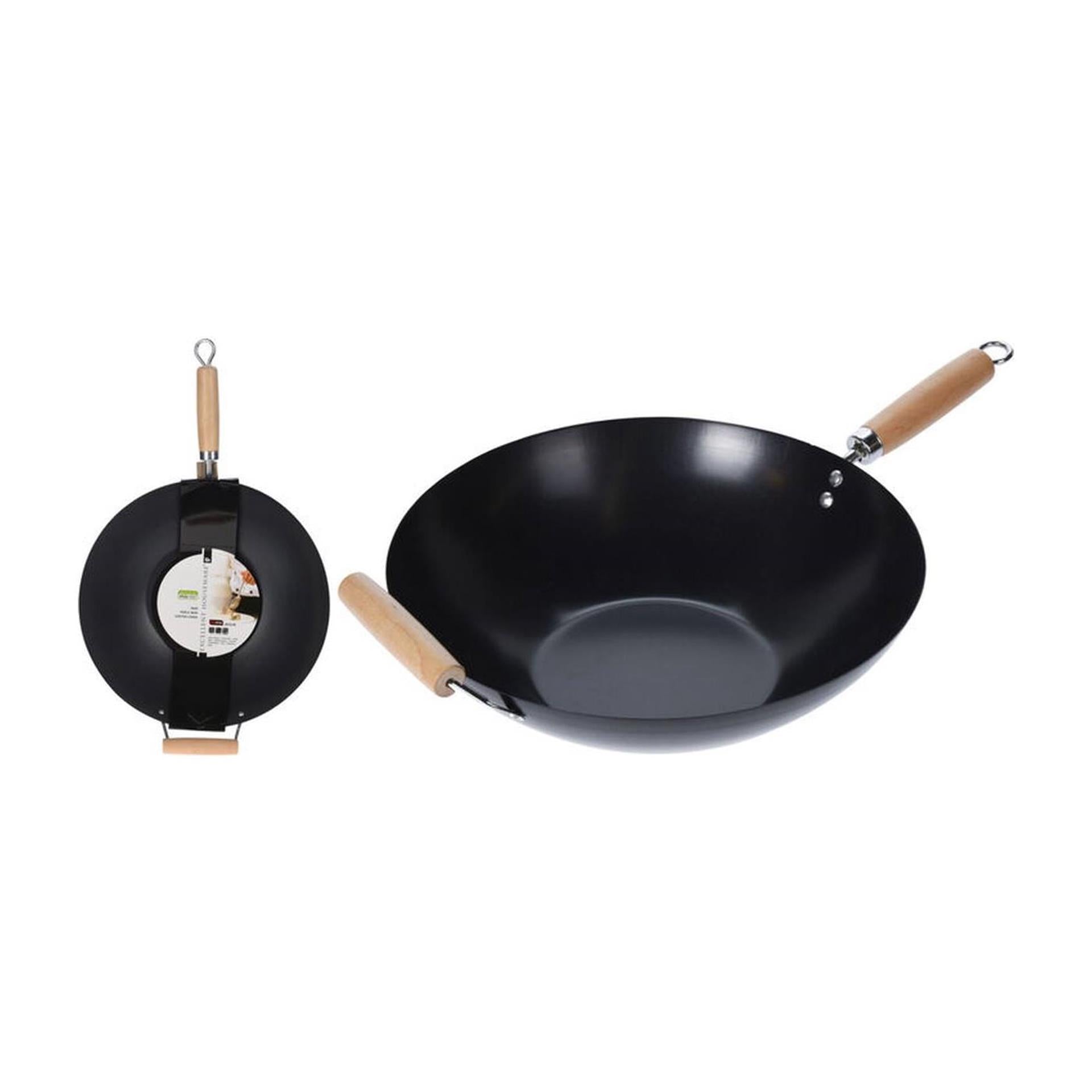 Excellent Houseware Wok aus Karbonstahl, ø35 cm, Holzgriff