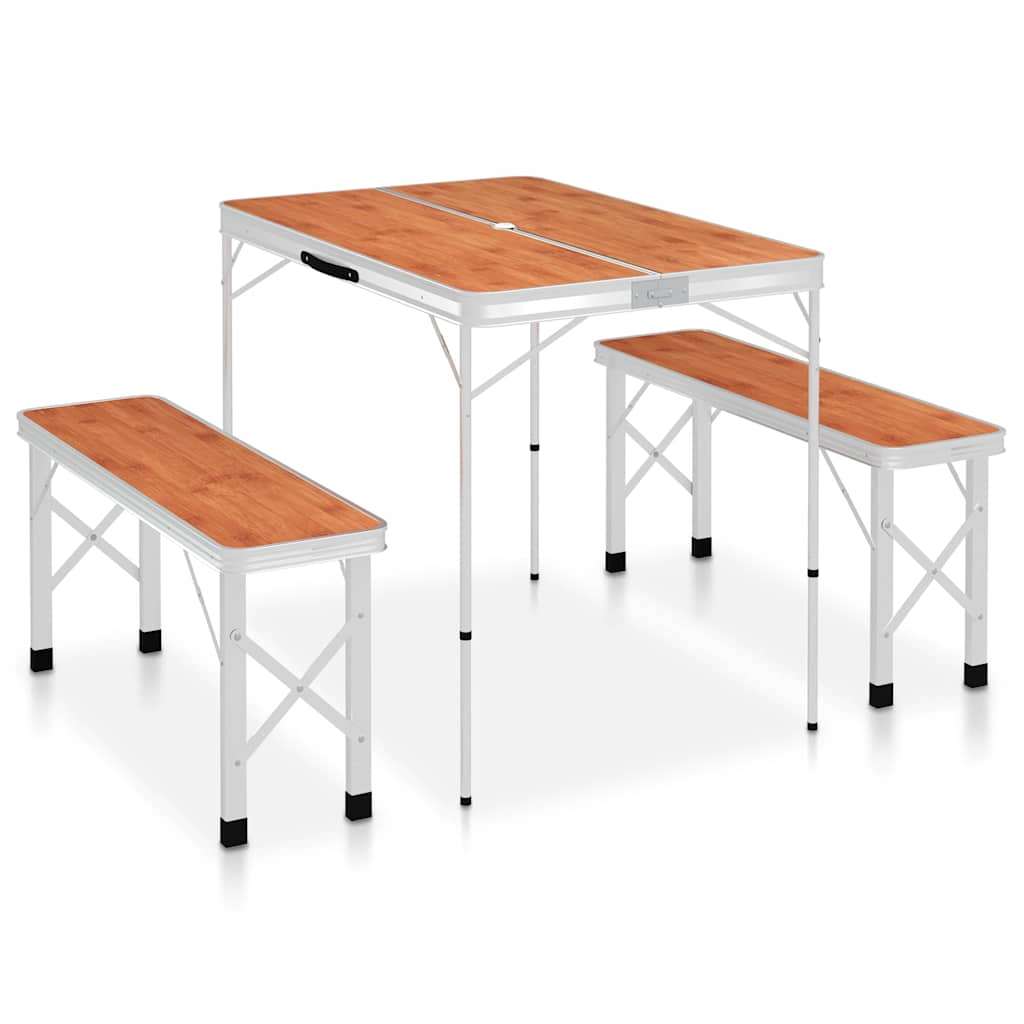 Vidaxl Camping -Tisch faltbar mit 2 Bänken Aluminiumbraun