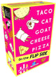 Geronimo-Spiele, blau-orangefarbenes Kartenspiel, Taco-Back-Ziegenkäse-Pizza