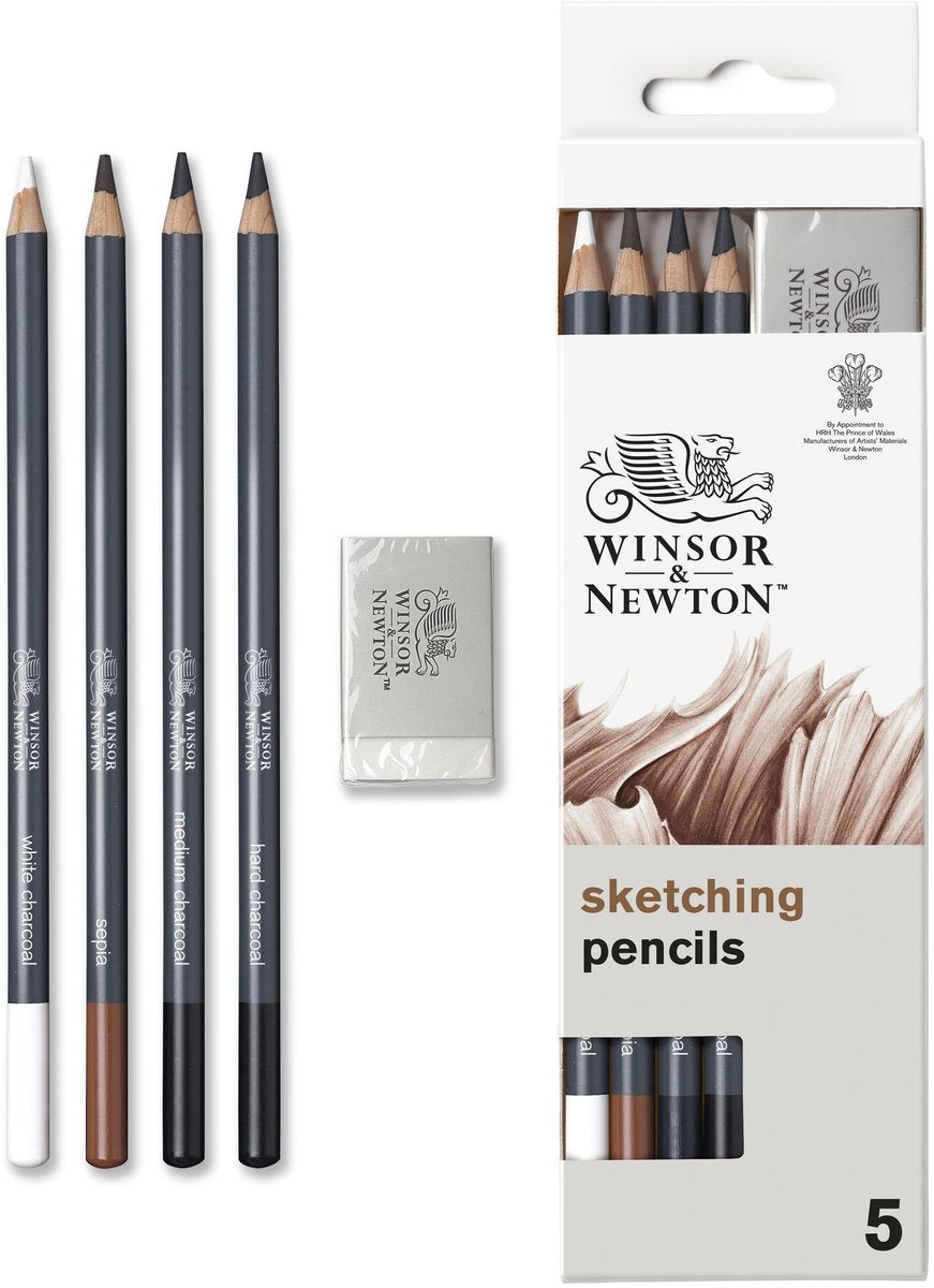 Winsor Newton 0490009 Studio Collection Skizzenstifte-Set x5 mit Radiergummi – Kohle-Sepia-Zeichenstifte zum Skizzieren