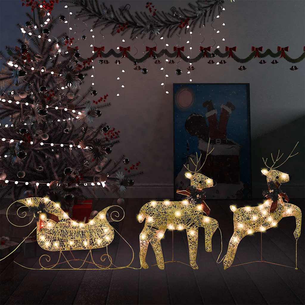 Vidaxl Weihnachtsdekoration Rentiere und Schlitten 60 LEDs Goldfarbe