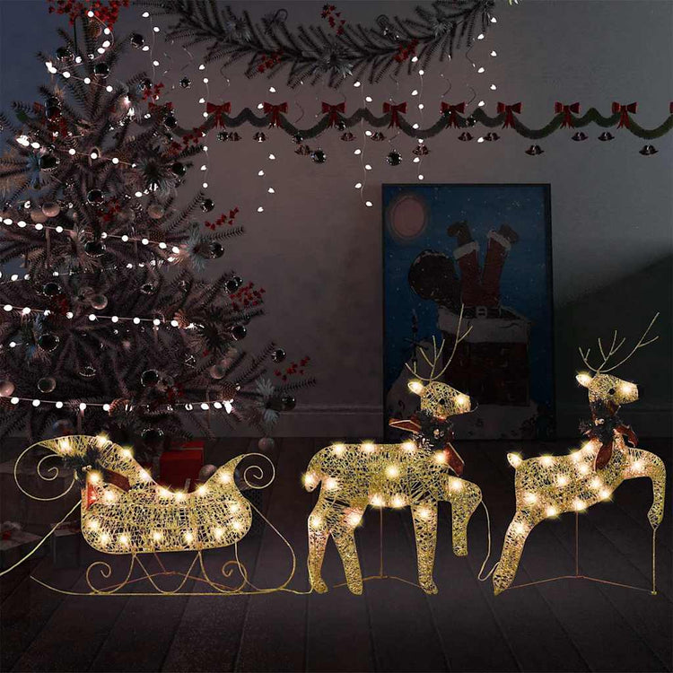 Vidaxl Weihnachtsdekoration Rentiere und Schlitten 60 LEDs Goldfarbe