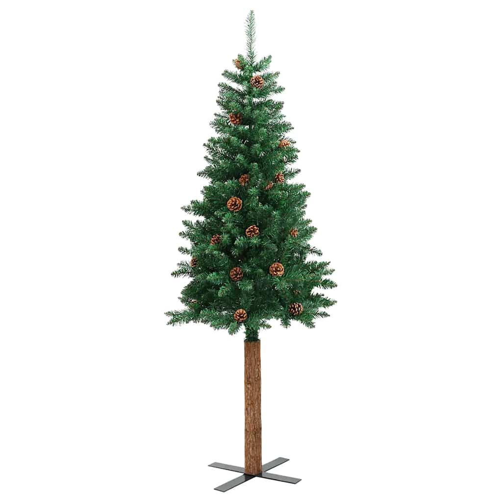 Vidaxl Weihnachtsbaum mit echten Holz- und Kiefernkegeln schmal 150 cm PVC Grün