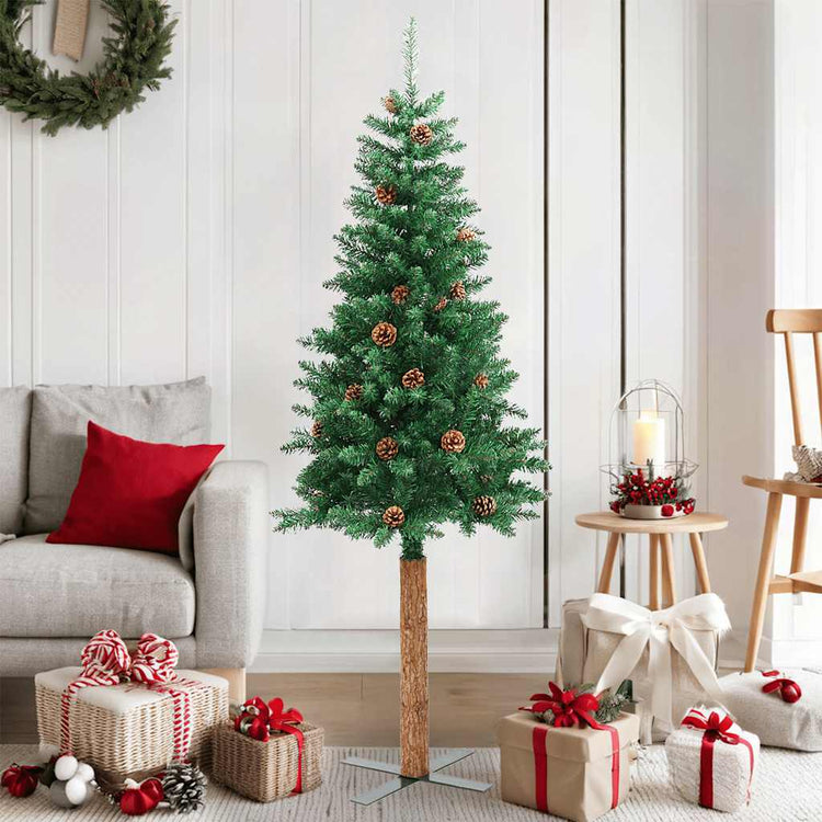 Vidaxl Weihnachtsbaum mit echten Holz- und Kiefernkegeln schmal 150 cm PVC Grün