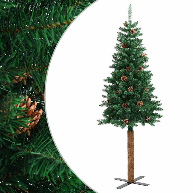 Vidaxx Weihnachtsbaum mit Echtholz und Tannenzapfen schmal 180 cm PVC Grün