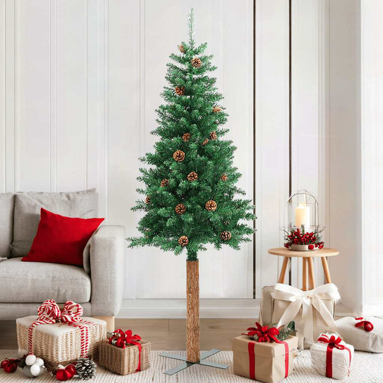 Vidaxx Weihnachtsbaum mit Echtholz und Tannenzapfen schmal 180 cm PVC Grün
