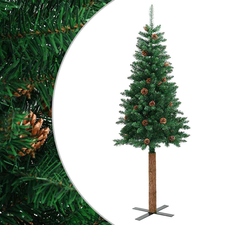Vidaxx Weihnachtsbaum mit Echtholz und Tannenzapfen schmal 210 cm PVC Grün