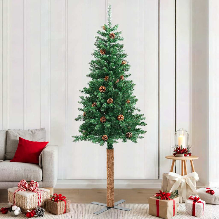 Vidaxx Weihnachtsbaum mit Echtholz und Tannenzapfen schmal 210 cm PVC Grün
