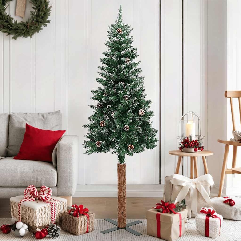 Vidaxl Weihnachtsbaum mit echtem Holz und Schnee schmal 150 cm Grün