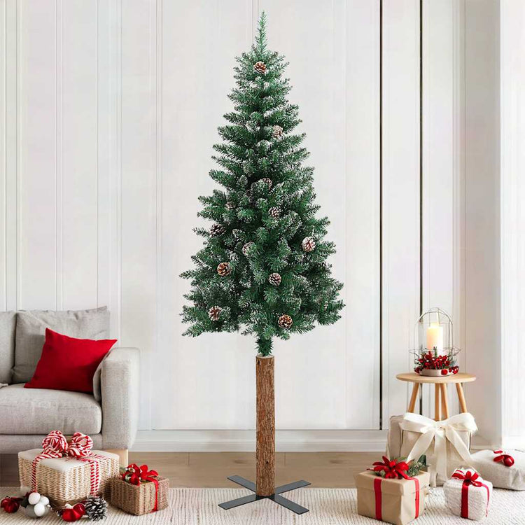 Vidaxl Weihnachtsbaum mit echtem Holz und Schnee schmal 210 cm Grün