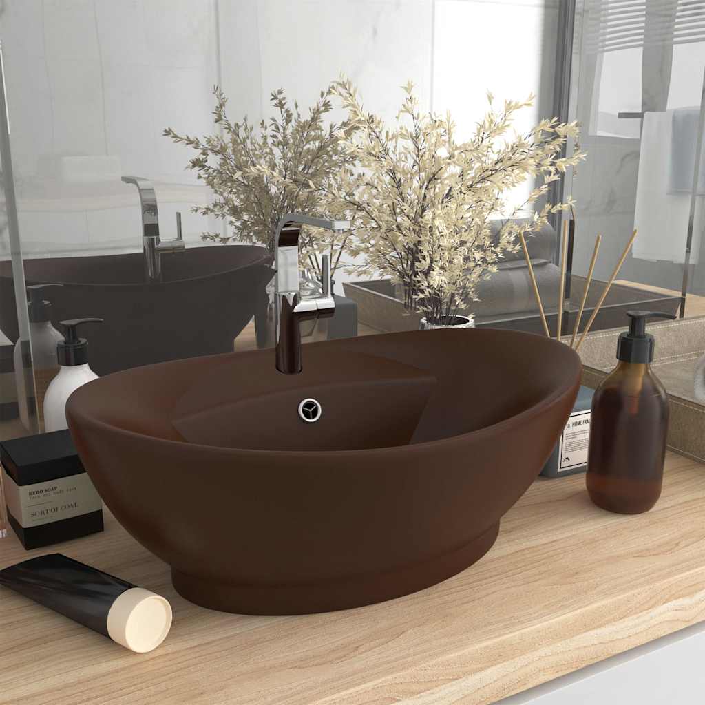 Vidaxl -Waschbecken mit Landung oval 58,5 x 39 cm Keramik Matt Dunkelbraun