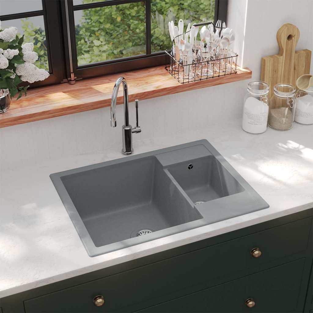VIDAXL Sink Double Mirbs mit Überlauflochgranitgrau