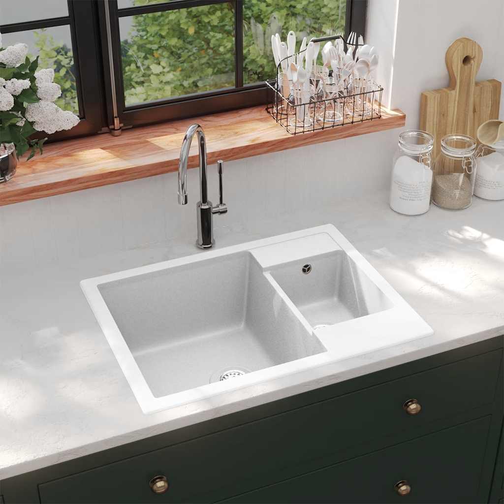 VIDAXL Sink Double Bins mit Überlauflochgranit weiß