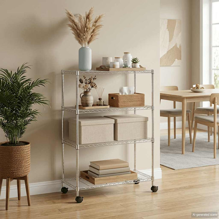 VIDAXL-Speicher 4-Schicht mit Rädern 200 kg 90x35x142 cm chromfarben