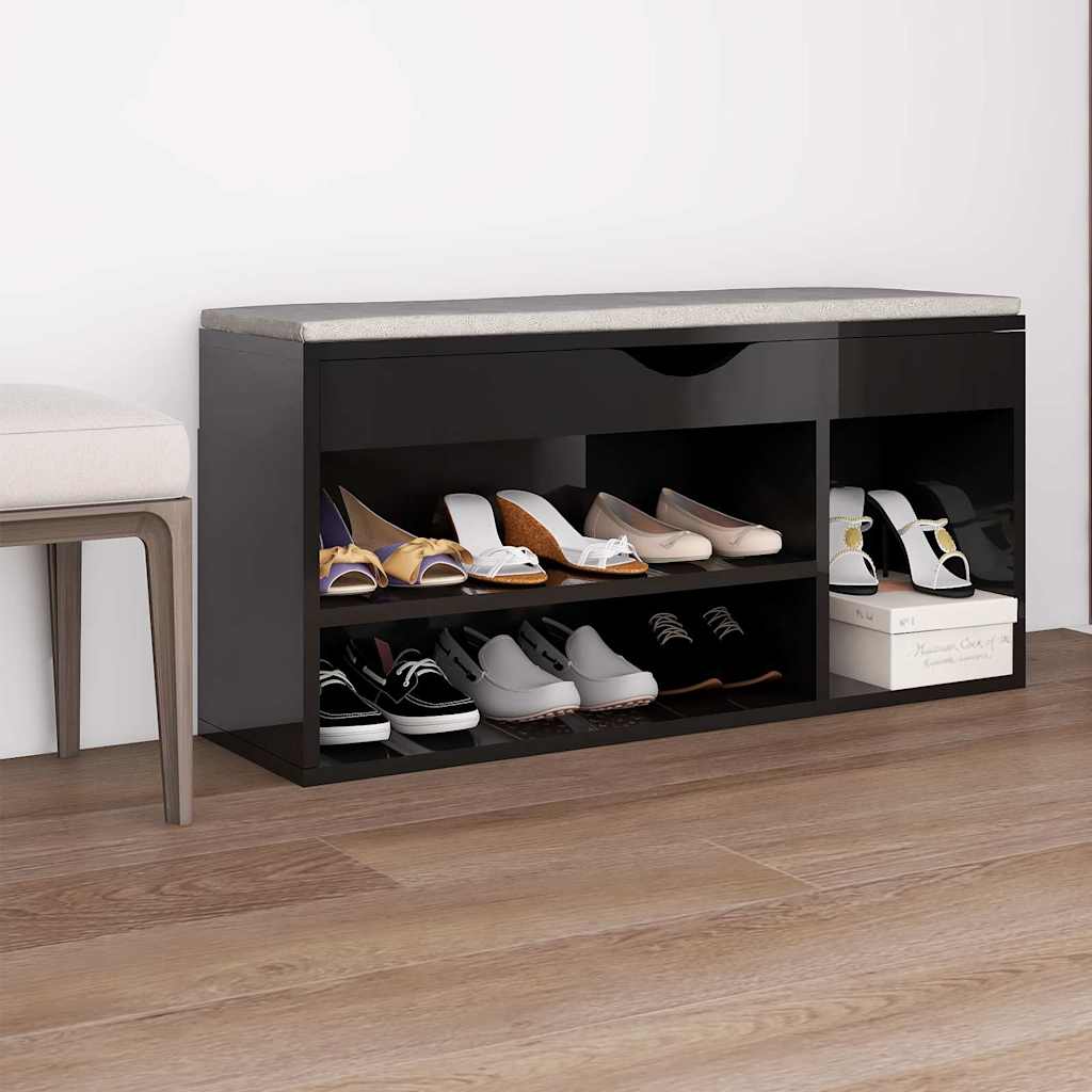 Vidaxl Schuhbank mit Kissen 104x30x49 cm Holz Hochglanzschwarz schwarz